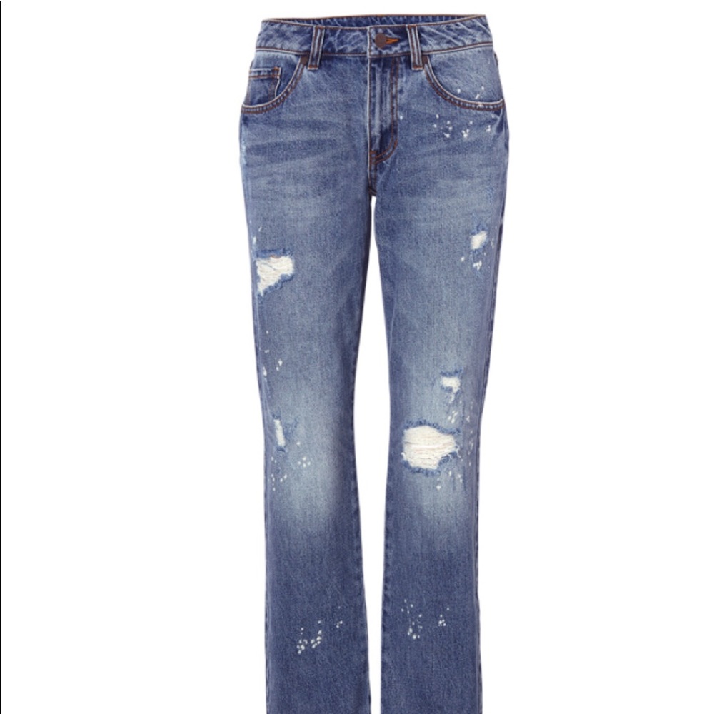 Cabi 100 percent boyfriend with distressed denim and bleaching  & strategic hole